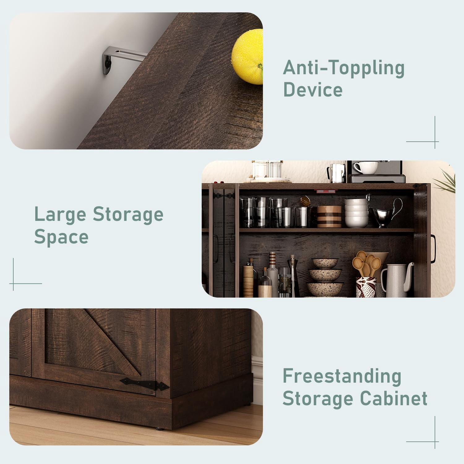 ChVans 65" Farmhouse Kitchen Buffet Cabinet with 4 Barn Doors, 34" Tall Wood Sideboard Credenza with Storage and Adjustable Shelves for Kitchen, Dining Room, Living Room, Brown
