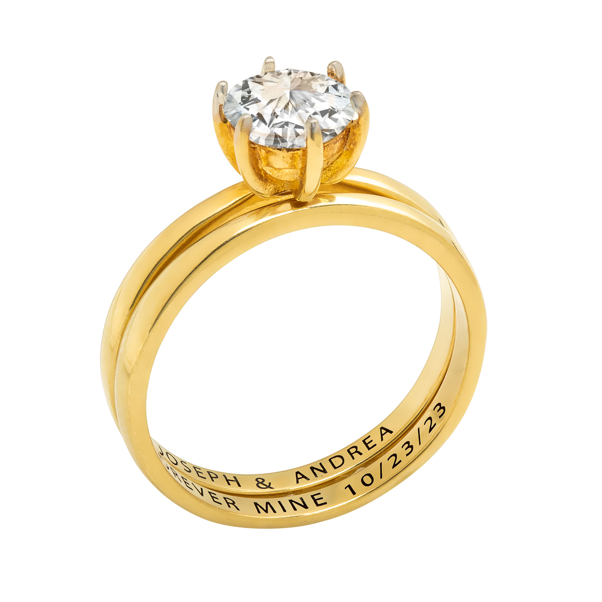 Vow & Forever Personalized Planet Bridal 14K Gold over Sterling Silver Round White Topaz 2-Piece Engraved Wedding Ring Set ,Women's