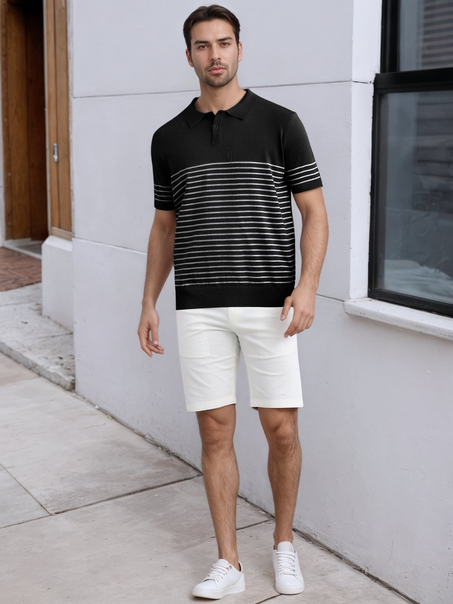DARING DIVA Men's Knit Polo Short Sleeve Striped Golf Casual Collared T Shirt M Black