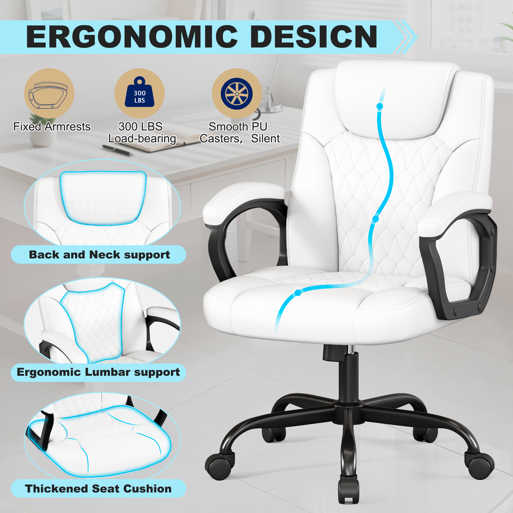 Misolant Office Chair, Executive Desk Chair, PU Leather Comfortable Executive Chairs with Fixed Armrest, Adjustable Height, Rocking Function, 360° Swivel Wheels