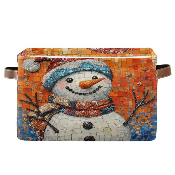 Storage Bins with Handle Fabric Organizer Basket Foldable Box 1 Pack Happy Christmas Snowmen 14.2x10.2x8.3