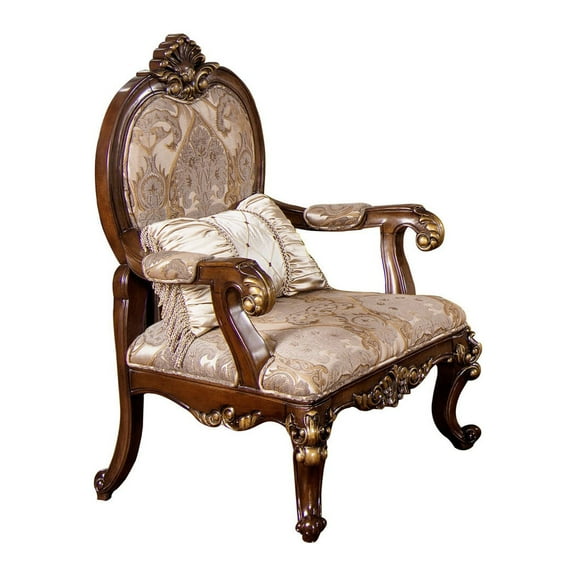 Best Master Winfrey Solid Wood and Chenille Accent Chair in Cherry/Gold Trim