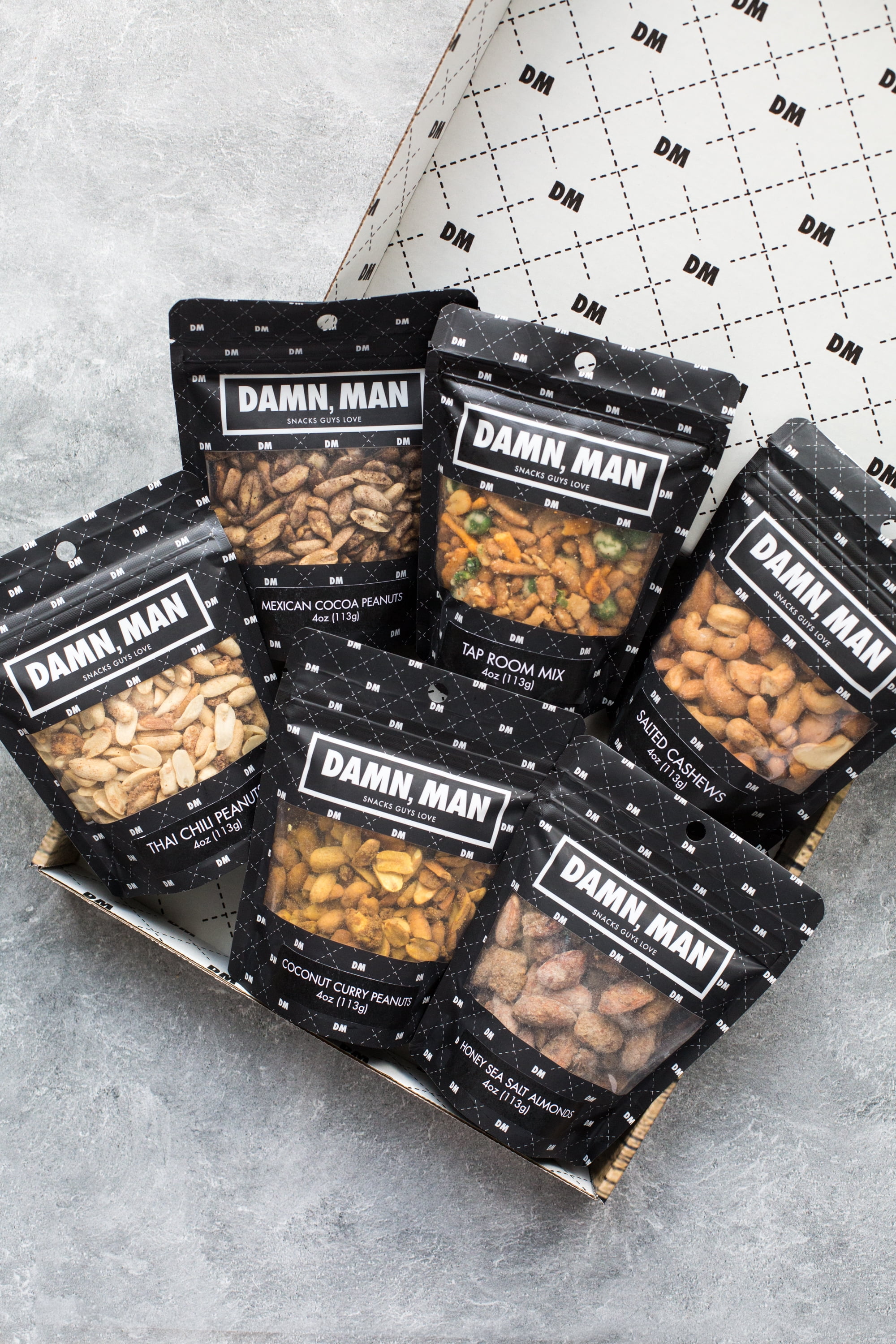 Damn, Man Gourmet Assorted Nut Box - Sweet & Salty Almonds Cashews & Peanuts - 6 Bags of Nuts - Father's Day Gift