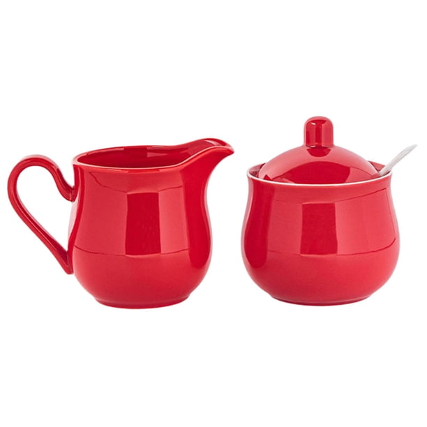 Juego de azucarero y crema de cerámica Jarra para crema Decorativa Premium Resistente, Duradera, Rojo