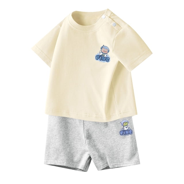 MIASHUI Ensemble d'Été Deux Pièces T-Shirts Graphiques à Manches Courtes et Shorts, Beige, 2-3 Ans