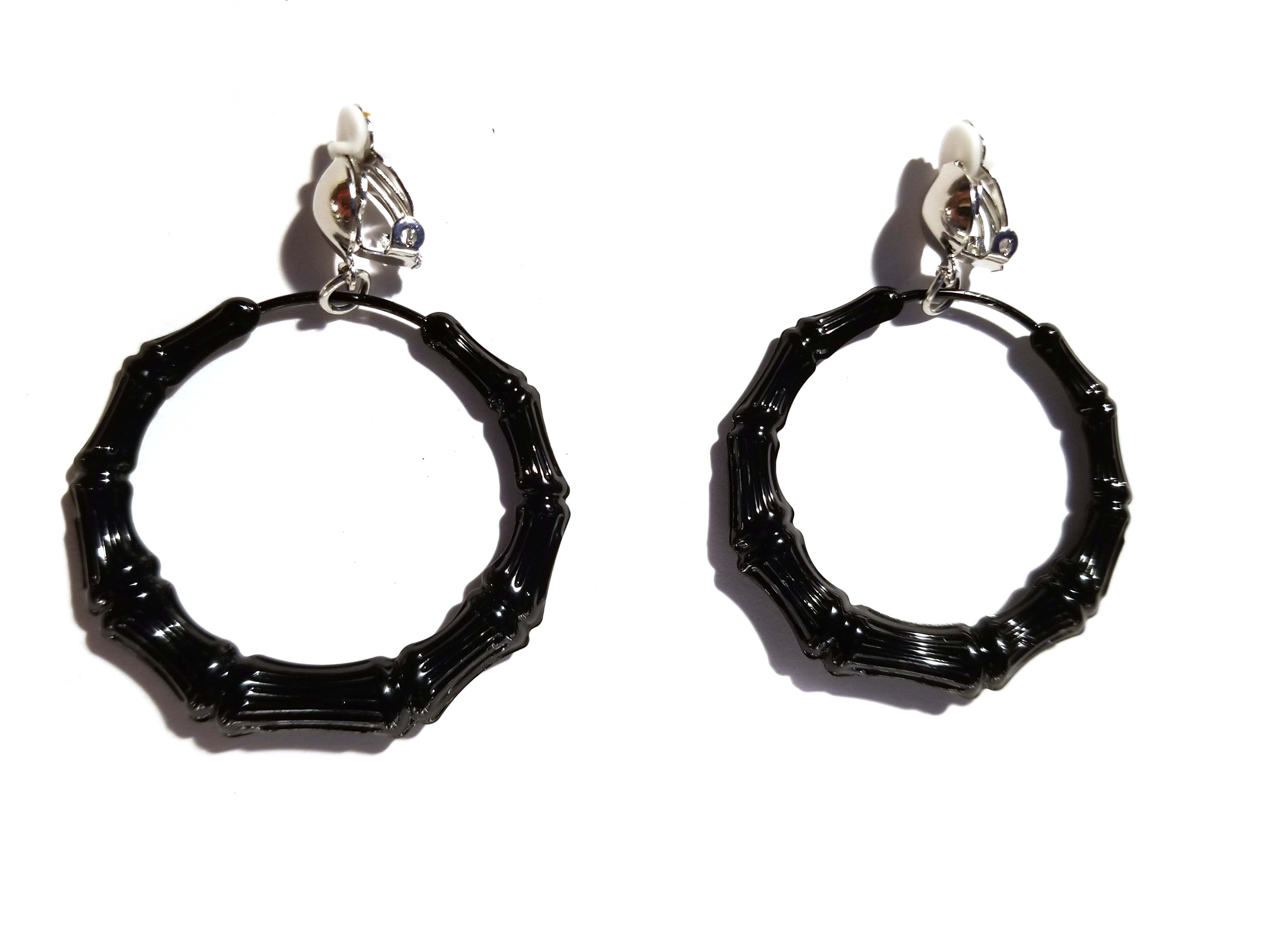 Clip-on Earrings Black Bamboo Earrings 2 inch Hoop Earrings Lightweight