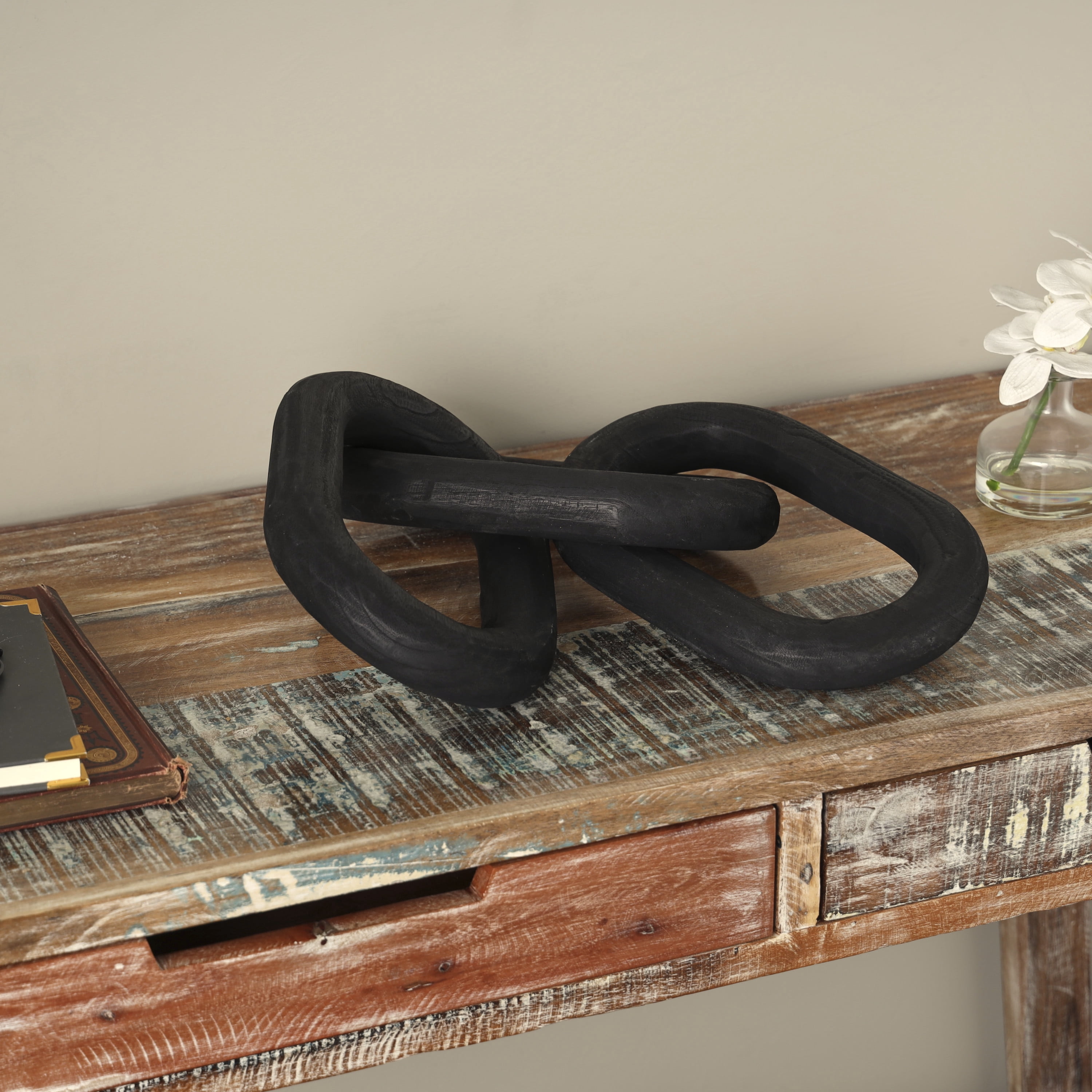 23" x 3" Black Wood Distressed Matte 3 Link Chain Sculpture, by DecMode