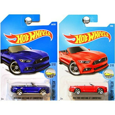 hot wheels 2017 factory fresh 2015 ford mustang gt convertible 2/10, set of 2, red & blue