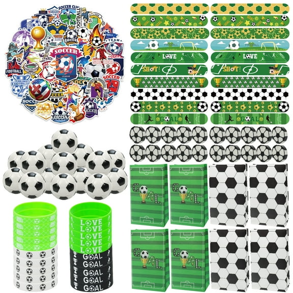 Soccer Party Favors-150Pcs Soccer Party Supplies-Soccer Wristbands Soccer Stickers Mini Soccer Slap Bracelets Soccer Theme Gift Bags Soccer Erasers, Gifts to Students, Kids