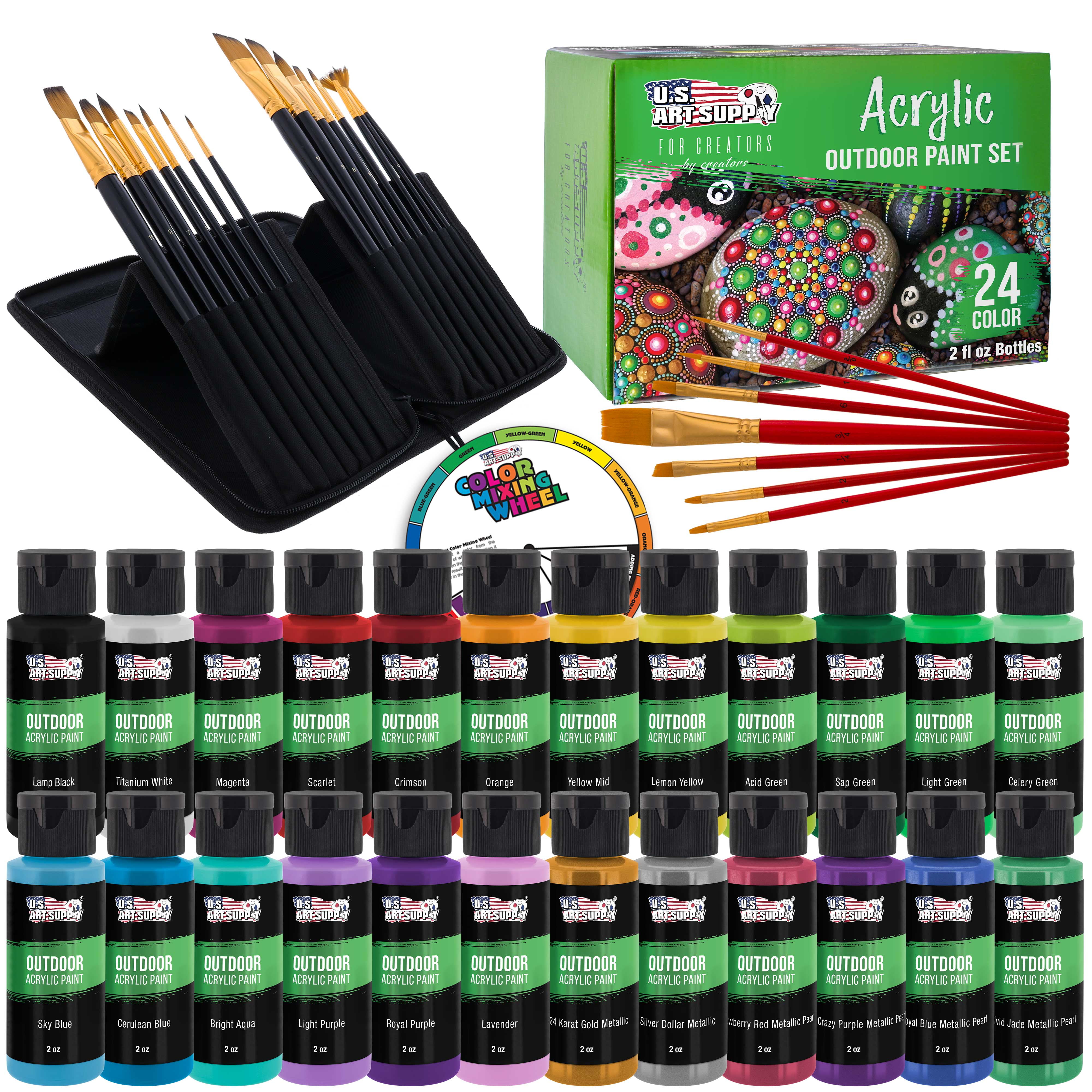US Art Supply Professional 24 Color Set of Outdoor Acrylic Paint in 2 Ounce  Bottles, Plus a 7-Piece Brush Kit - Vivid Colors for Artists, Students 