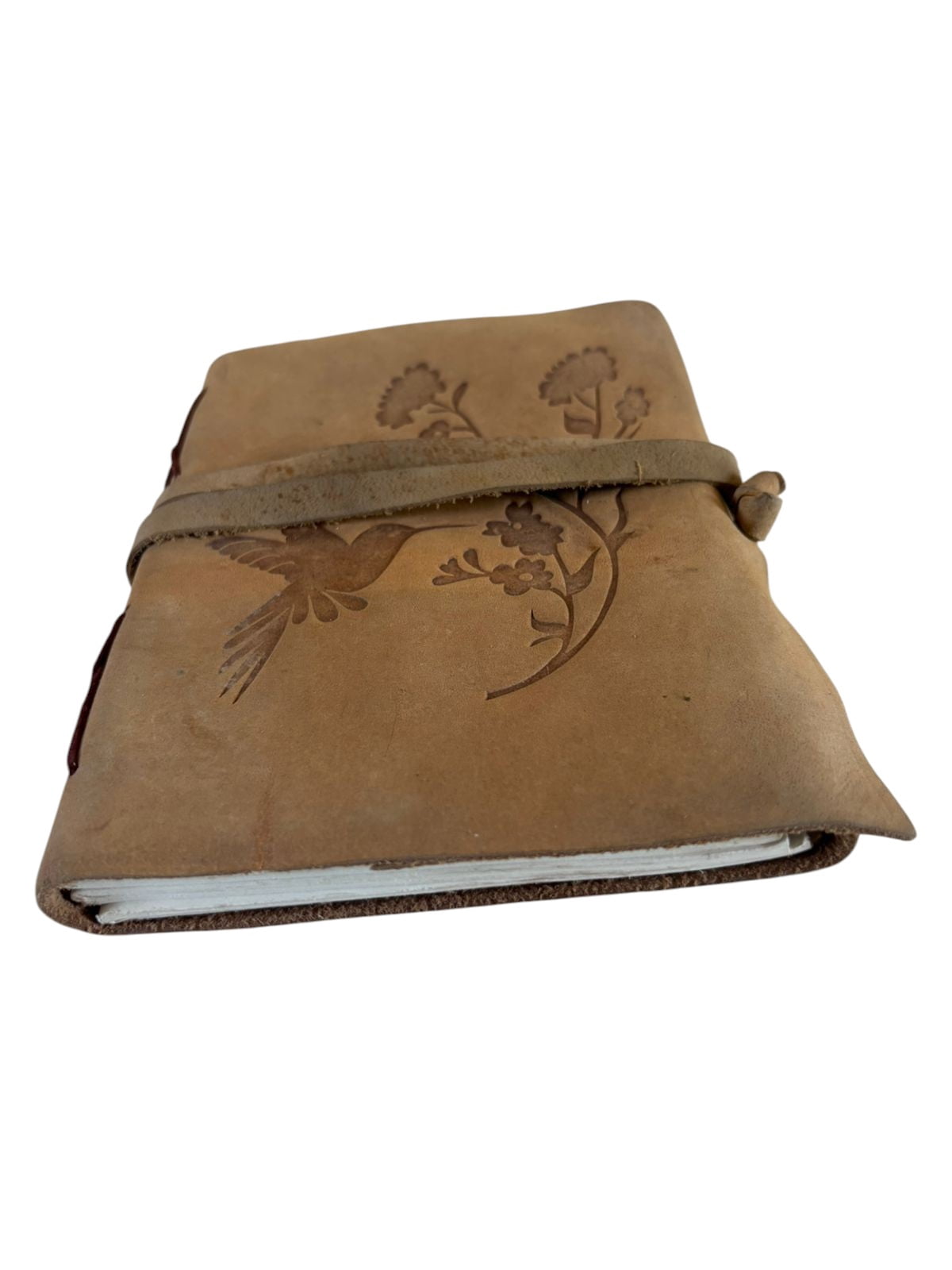 Handmade Leather Journal with Bird & Floral Design – 5x7 Inch Vintage Diary, 200 Deckle Edge Pages, Wrap Closure Notebook
