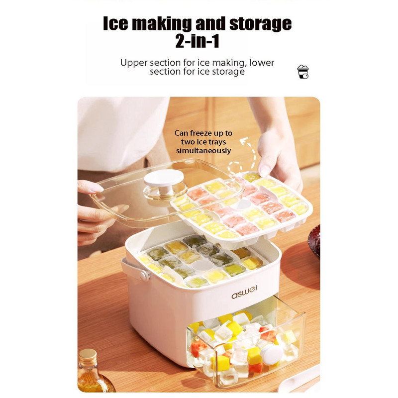 Premium Ice Cube Tray - Freezer Ice Tray Ice Mold Ice Maker for Drinks Whiskey Beer Cocktail Coffee, Transparent Sealed Lid Design for Keep Ice Clean, With Ice Tongs and 2 Ice Trays Storage