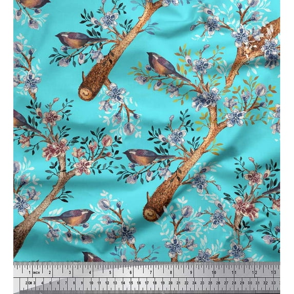 Soimoi Green Modal Satin Fabric Blue Floral & American Robin Bird Fabric Prints by Yard 42 Inch Wide