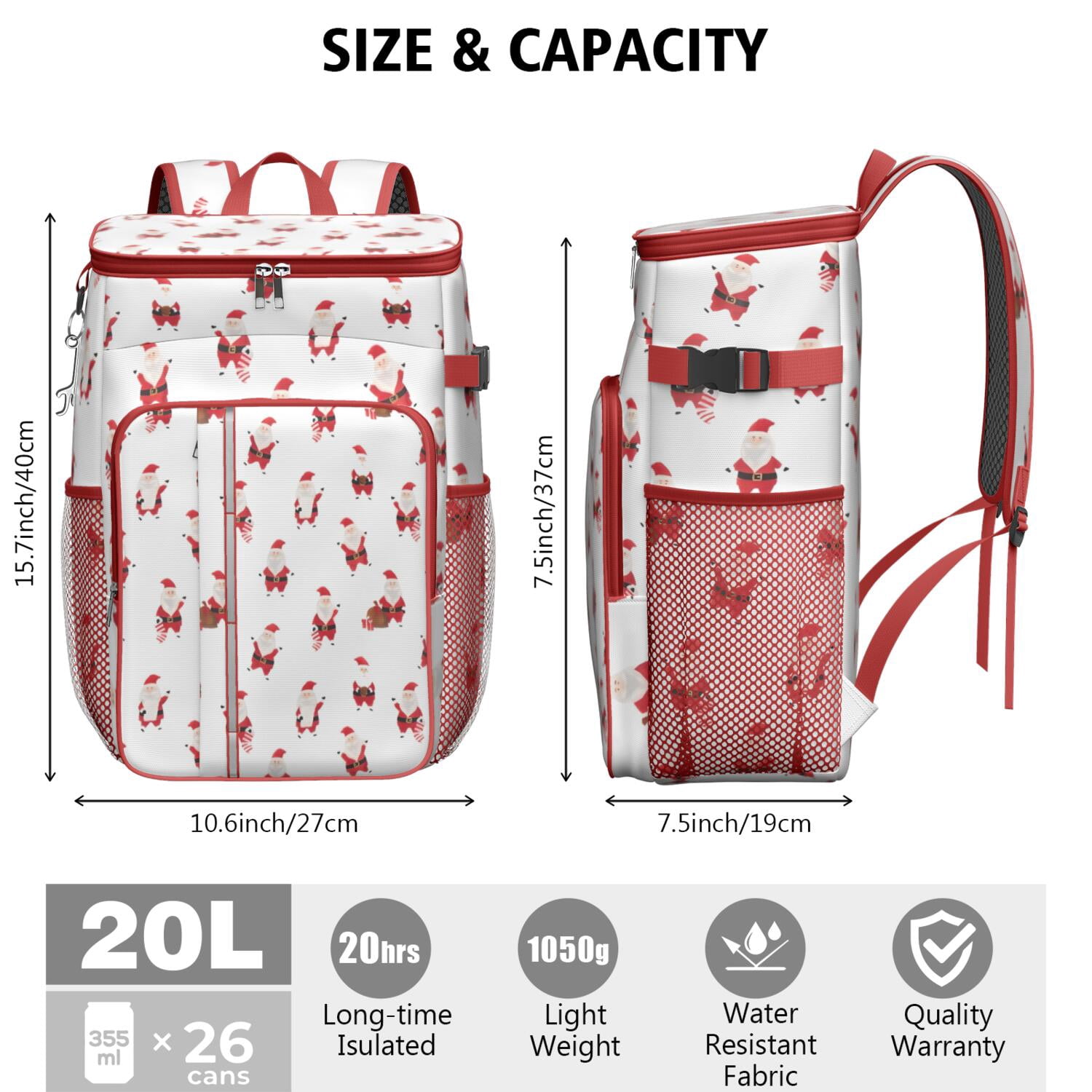 Travel Cooler Bag - White Christmas Santa Pattern Camping Beer Cooler Backpack with Bottle Opener- Waterproof Insulated Picnic Backpacks - Cooler Bag for Beach