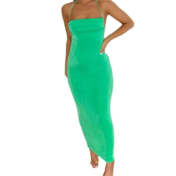 SAYOO Vestido largo de color sólido para mujer, vestido sin mangas con cuello colgante y espalda descubierta, paquete de verano, fiesta de cadera, una pieza SAYOO Moda