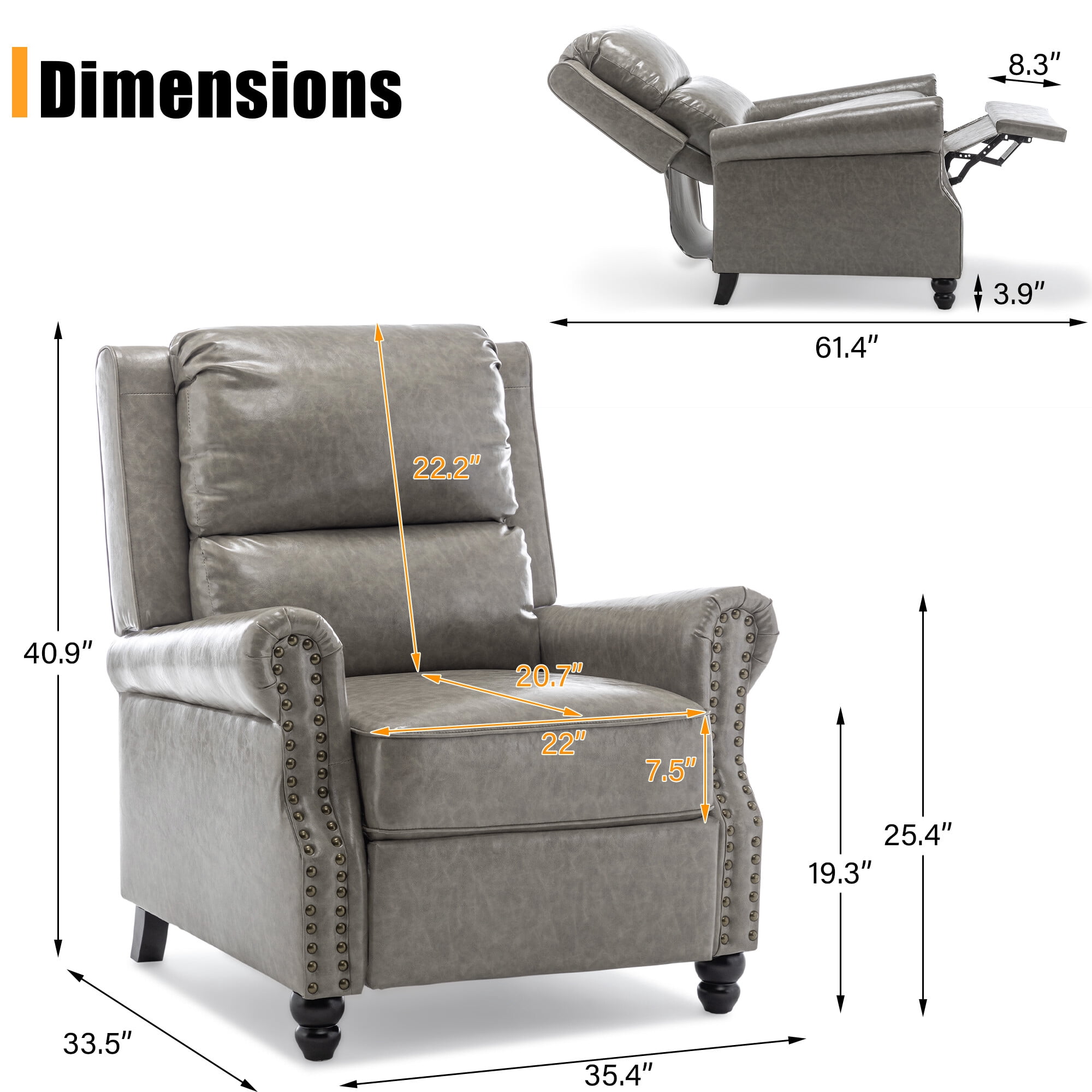 DREAMSIDEA Pushback Recliner Chair Faux Leather Wingback Chair Home Theater Single Sofa for Living Room, Gray