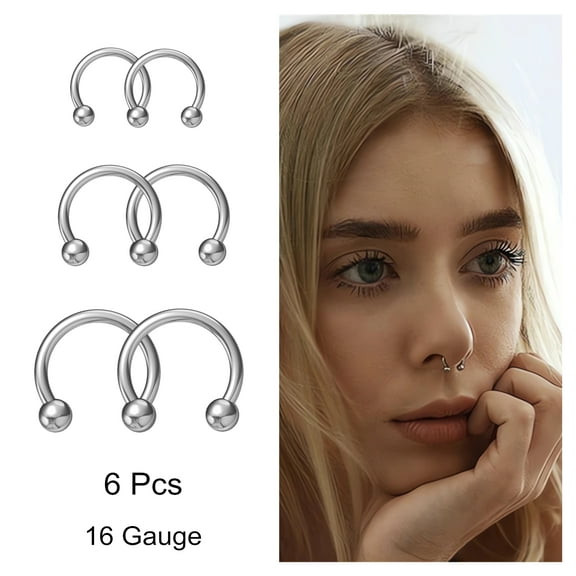 6 Pcs 16 Gauge Surgical Steel Horseshoe Septum Nose Ring Hoop Set Curved Barbell Body Piercing Jewelry for Lip Eyebrow Daith Tragus Helix Cartilage Rook Piercing