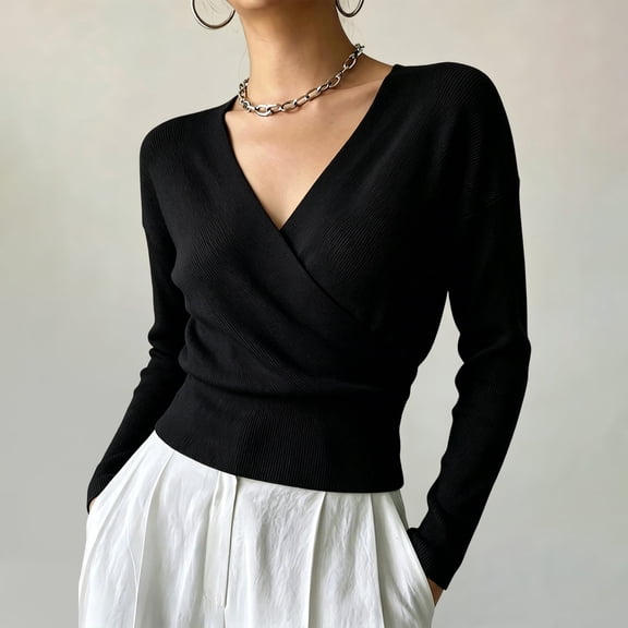 BRELIL Women's Fall Winter Long Sleeve Wrap Knitted Pullover Tops Solid Slim Casual Sweater for Daily Outfit, Black 2XL