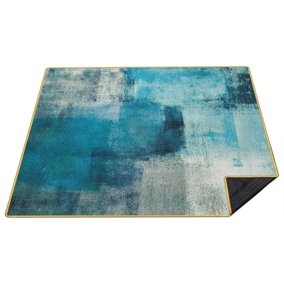 80”x 80”Extra Large Turquoise and Grey Abstract Art Painting Picnic Blankets Waterproof Foldable Beach Blanket Sandproof,3-Layer Thicking Outdoor Packable Blanket