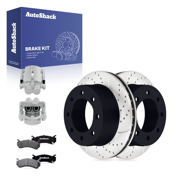 AutoShack Rear Vented Drilled & Slotted E-Coated Brake Rotors   Ceramic Pads   Calipers 8-PC Brake Kit Replacement for 2001-2010 Chevrolet Silverado 2500 HD ShadowGuard 12.99" (330 mm)