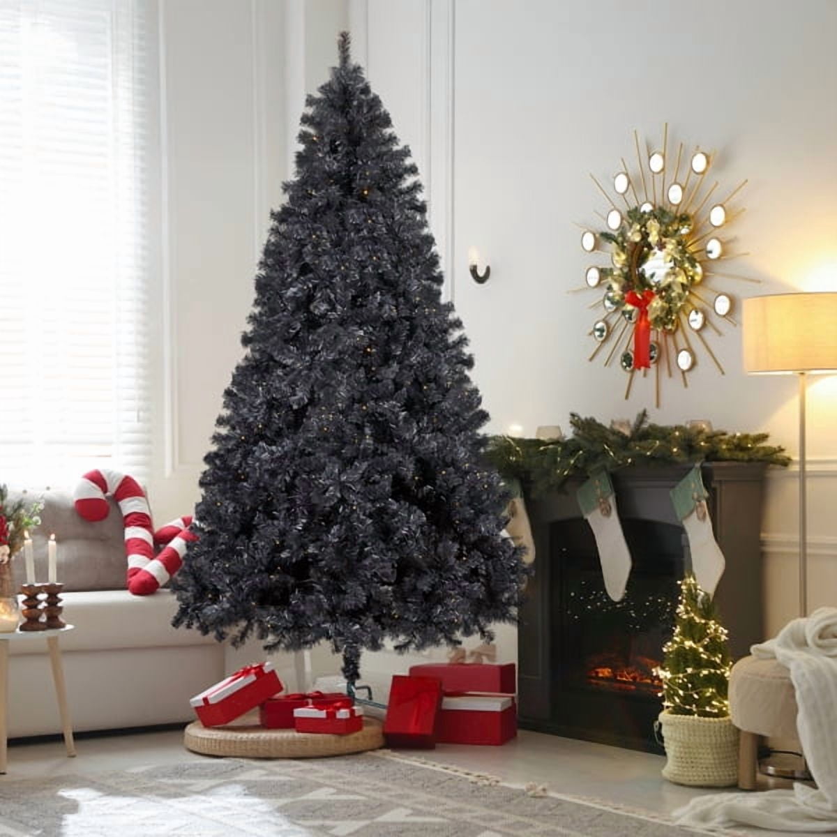 7.5FT Black Pre-Lit Christmas Tree - 1350 PVC Branch Tips 400 LEDs Flame-Retardant Easy Setup for Home/Office