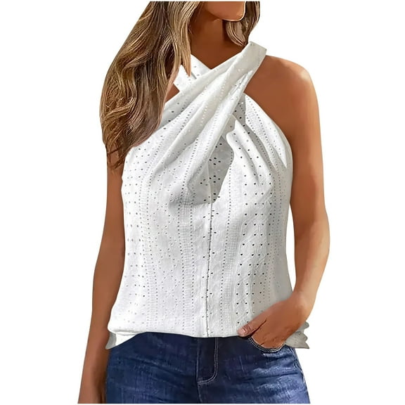 Summer White Eyelet Tank Tops for Women Criss Cross Halter Tops Pleated Tank Tops Sleeveless Wrap Summer Blouse Solid Tank Tops