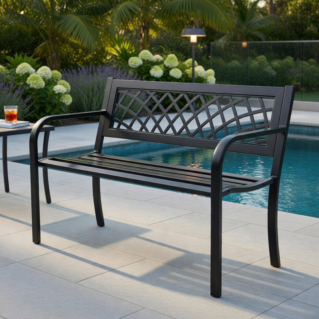 Hommoo Heavy-Duty Outdoor Bench Deck with Powder-Coated Steel Frame & PVC Mesh Backrest, Sturdy Patio Seating for Garden, Deck or Yard, Black