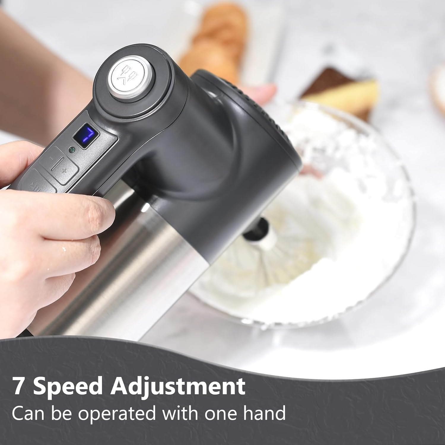 7-Speed Cordless Hand Mixer with Digital Display Rechargeable Electric Mixer Handheld 6 Stainless Steel Accessories Whisks Beaters Dough Hooks Black