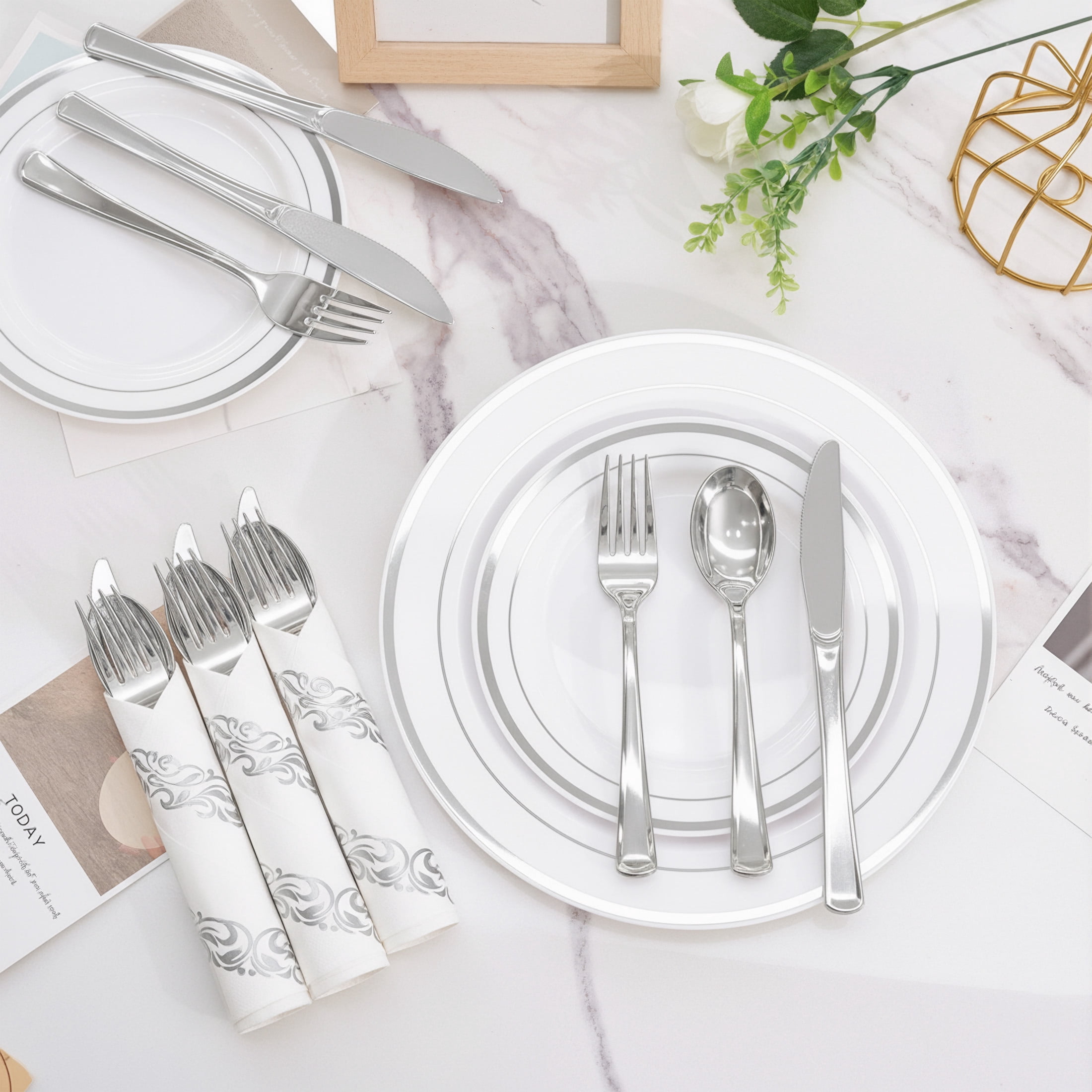 Daluvenix 350 Silver Plastic Dinnerware Set for 50 Guests, Silver Plastic Plates for Party, 50 Disposable Plates, 50 Dessert Plates, 50 Napkins with Silverware, 50 Cups