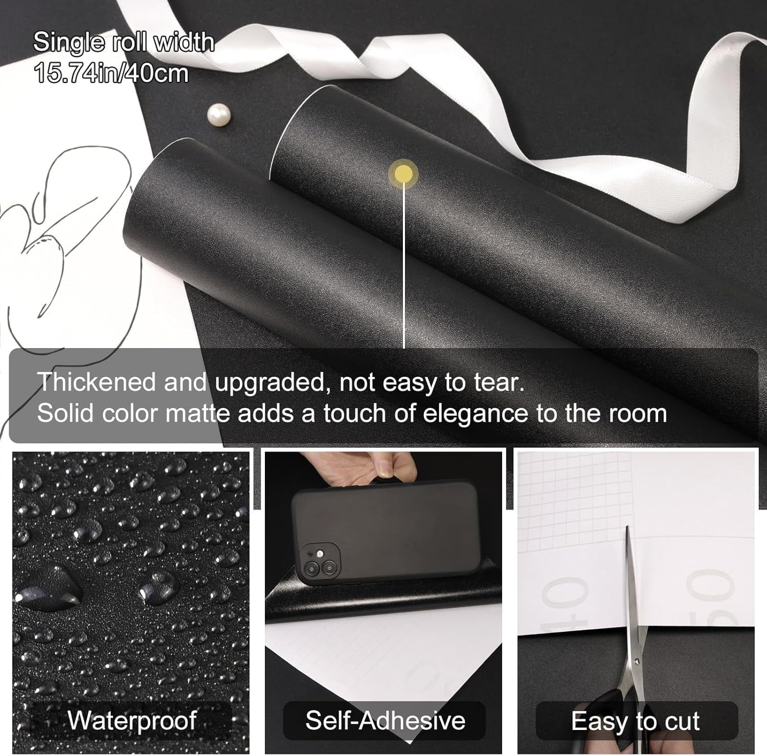 SOON AFTER Black Peel and Stick Wallpaper Solid Black Contact Paper Matte Self Adhesive Waterproof Vinyl Roll for Wall Coverings,Cabinets,Countertops,Bedroom,Kitchen 15.7"x118"