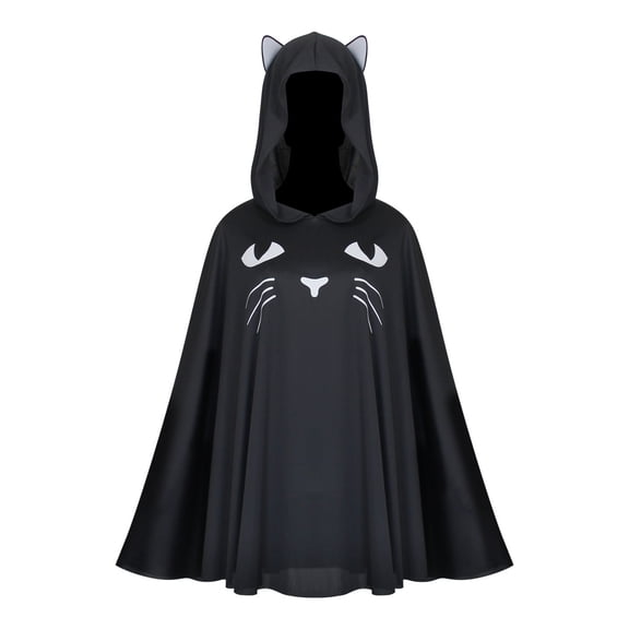 LEKWK Hooded Cape for Women Cute Cat Costume with Animal Ears and Graphic Face Fancy Dress Cloak for Halloween Cosplay Themed Party