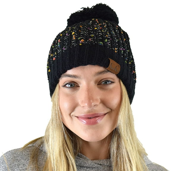 C.C Soft Winter Warm Confetti Knit Chenille Pom Beanie Hat, Black