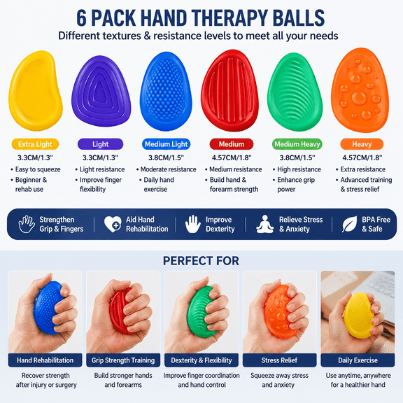 6 Pack Hand Therapy Balls, Silicone Hand Grip Strengthener Set with Color Coded Resistance Levels, Soft Finger Exerciser Tools for Hand Rehabilitation, Dexterity Training, Stress Relief and Daily