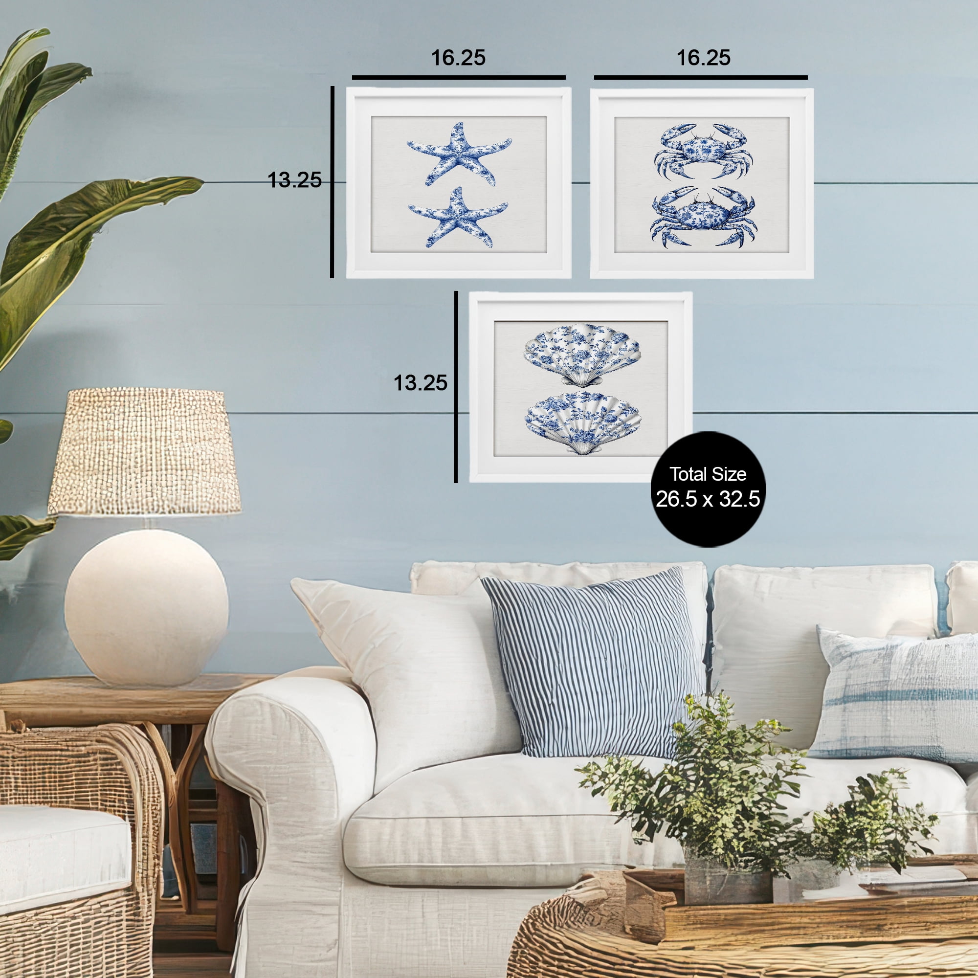 Vintage Toile Starfish & Crabs 3 Piece White Framed Print Under Glass Set, design by Lettered and Lined