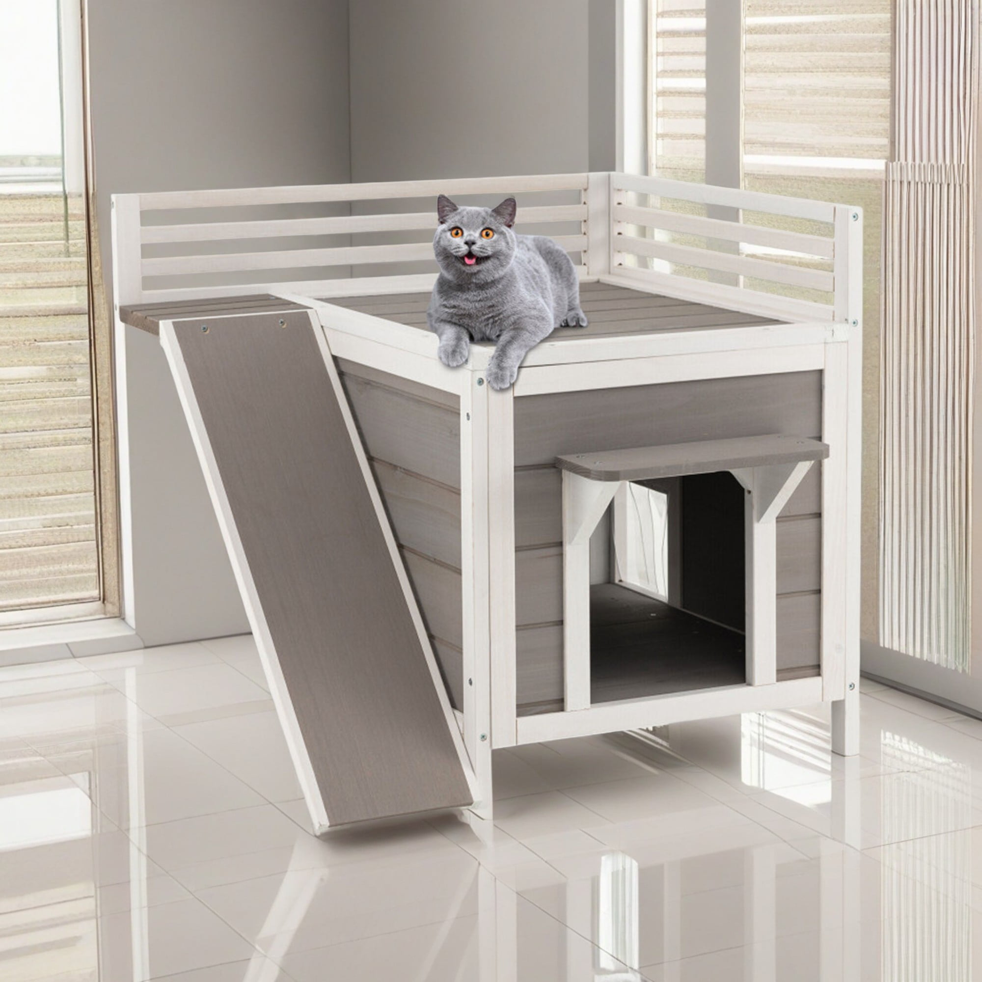 Kadyn 27" Cat House for Outdoor Cats, Weatherproof Cat Shelter with Escape Door, 2 Story Wood Cat Condo with Ladder, Gray
