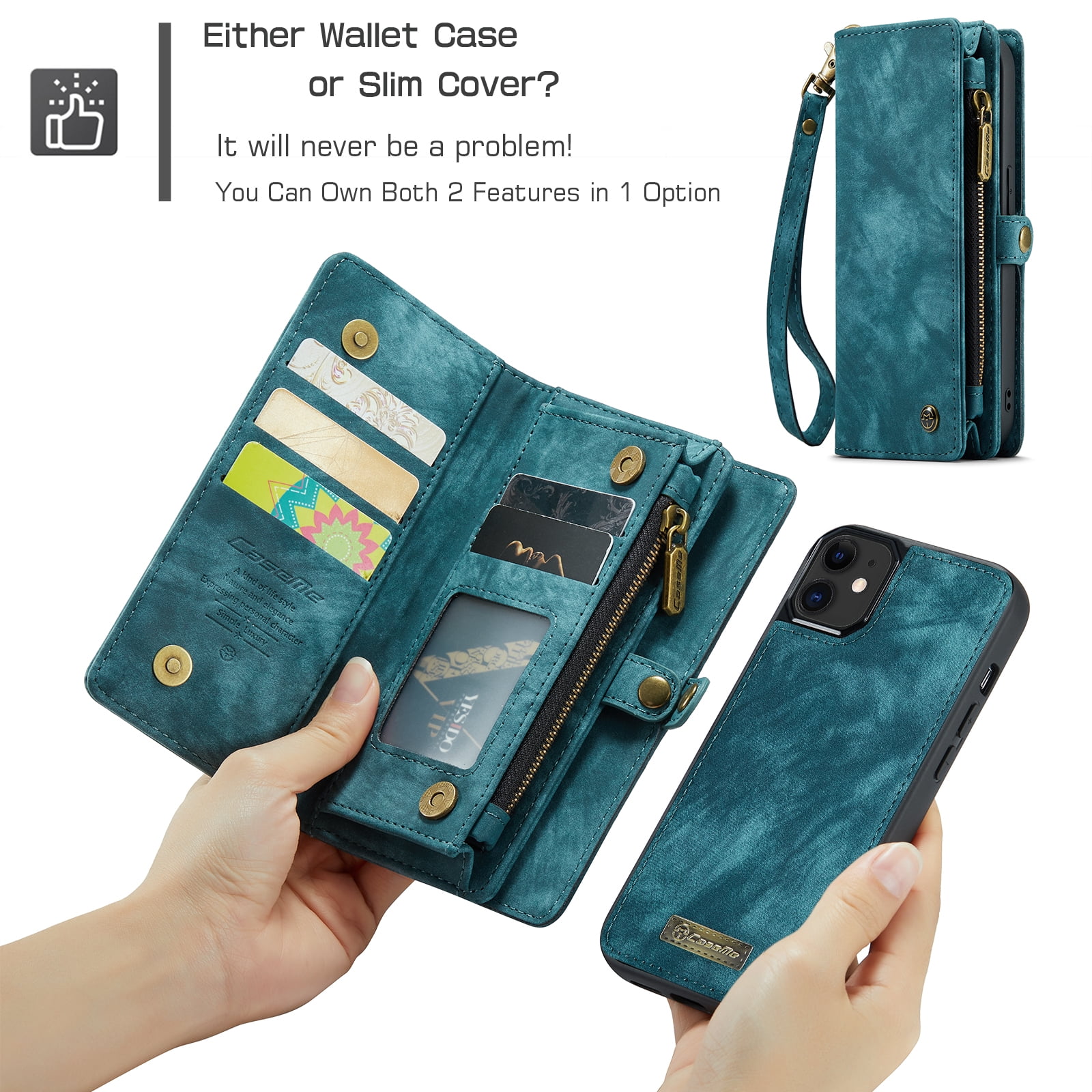 Feishell Durable 2-In-1 Magnetic Detachable Wallet Case for iPhone 12 / iPhone 12 Pro,for Women Men,Premium PU Leather Zipper Pocket Flip Multi Card Slots Purse Phone Case with Wrist Strap,Green