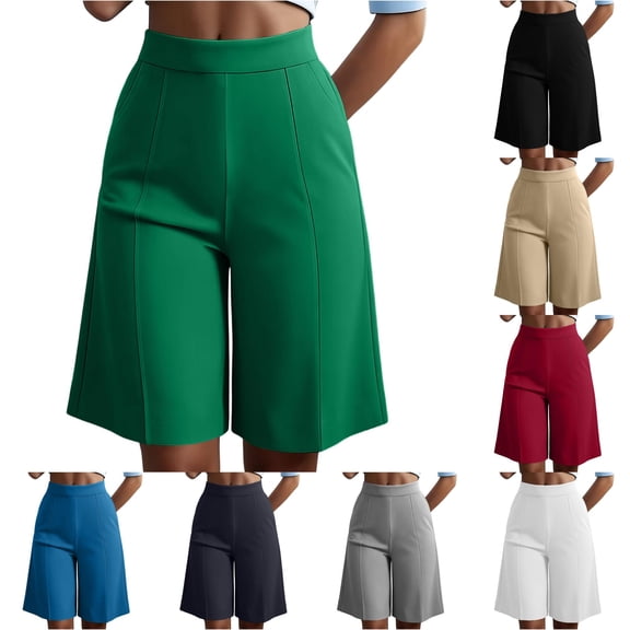 Gyujnb Women High Waist Bermuda Shorts Elastic Wide Leg Solid Color Office Work Suit Shorts with Pockets,Green