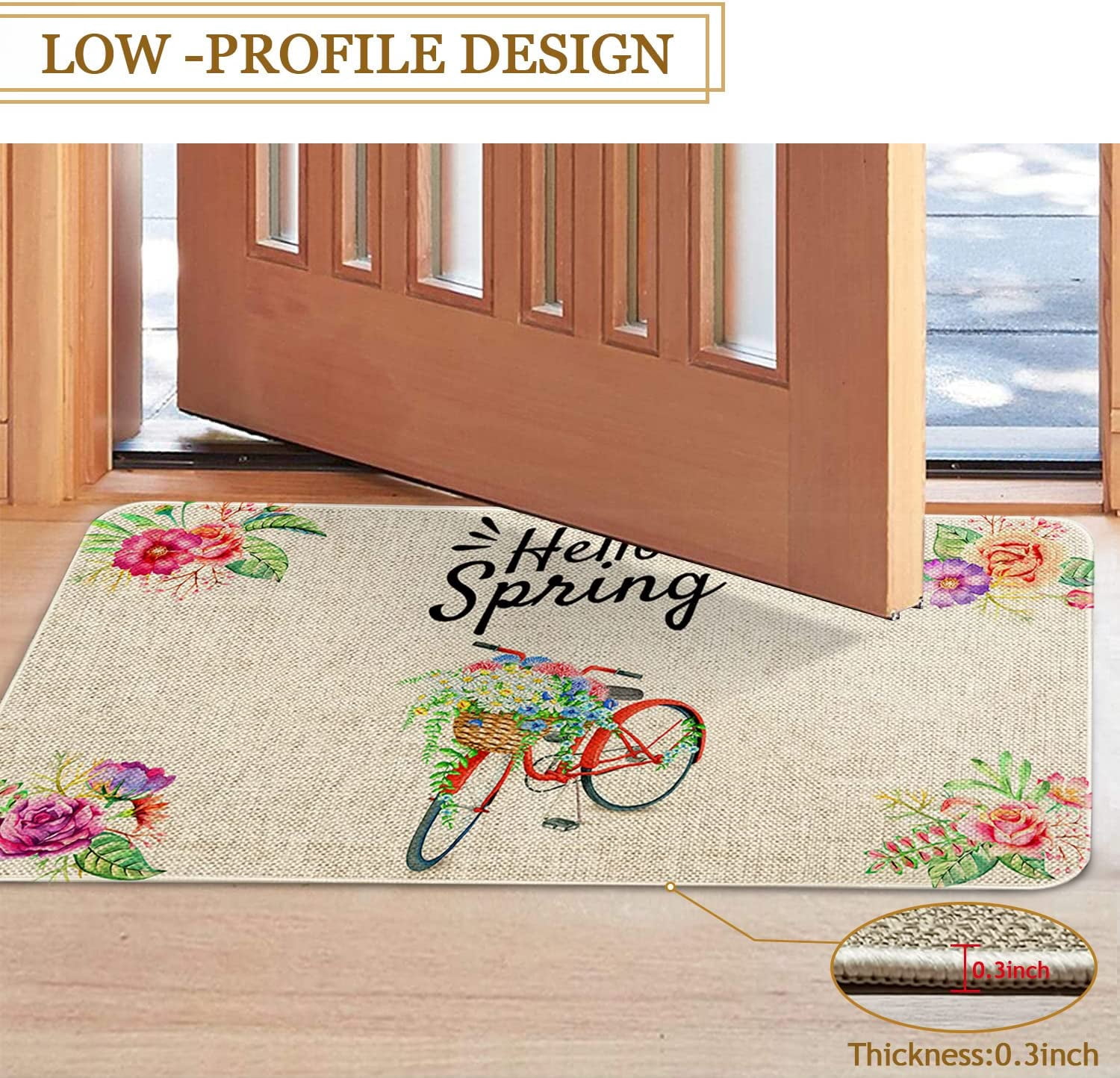 Spring Door Mat 30 X 17 Inch Spring Bike with Flowers Doormat Indoor Outdoor Entrance Floor Mat Non Slip Spring Decor Rubber Mats