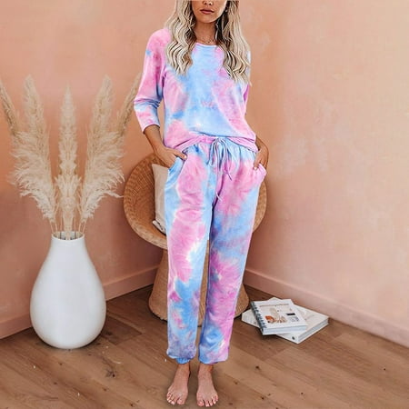 

Women s Casual Long Sleeve Two Pieces Printed Split Pajamas Home Suit