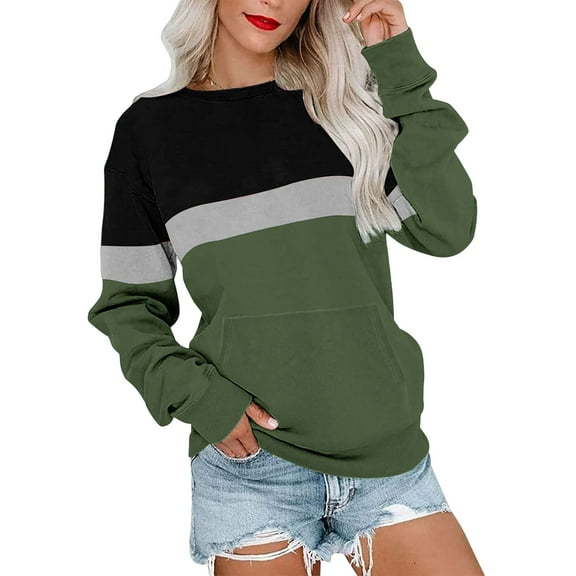 Women's Color Block Sweatshirt Casual Patchwork Crewneck Pullover Loose Lightweight Long Sleeve Tops with Pockets