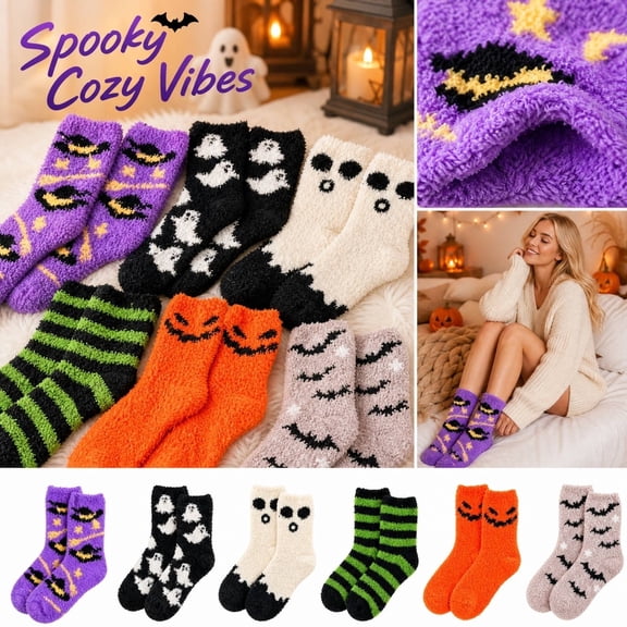Evdexr Halloween Socks Women Soft Spooky Fuzzy Socks Cozy Causal Lounge Sock for Stuffers Gifts Halloween with Pumpkin Bat Graphic