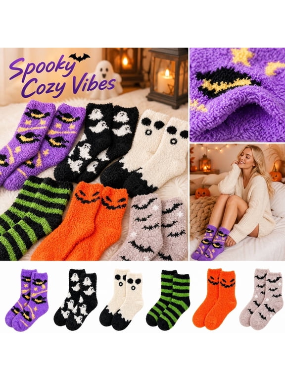 Halloween Socks Women Soft Spooky Fuzzy Socks Cozy Causal Lounge Sock for Stuffers Gifts Halloween with Pumpkin Bat Graphic
