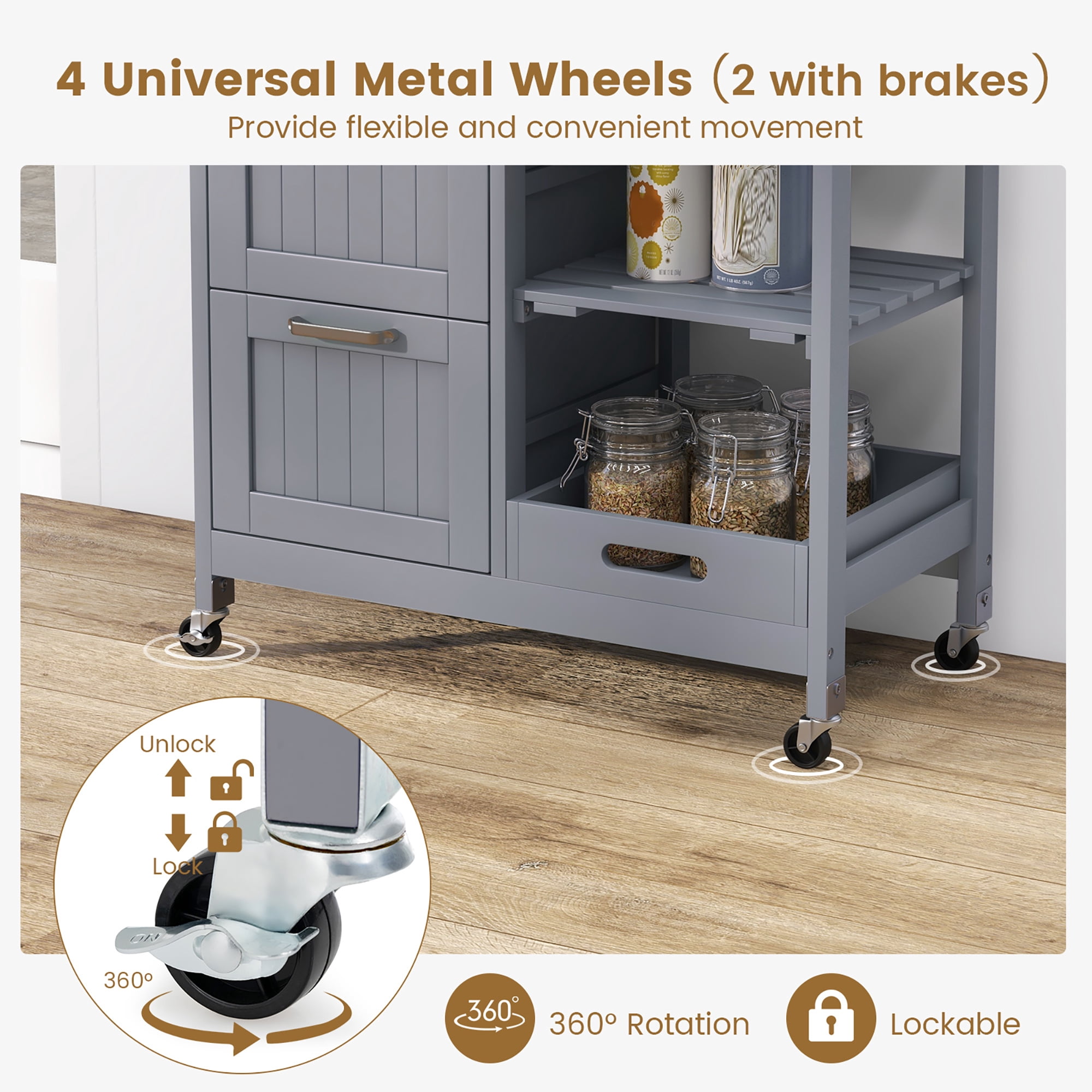 Gymax Rolling Kitchen Island Utility Storage Cart w/ 3 Storage Drawers & Shelves Grey
