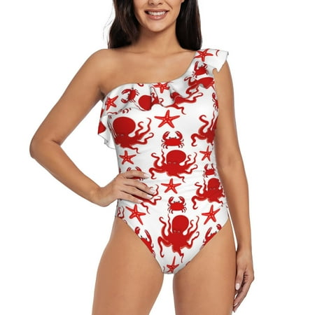Sikiie Octopus Print Women One Piece Swimsuits Tummy Control One Shoulder Bathing Suits Ruffle Swimwear  From S to XXL-Small