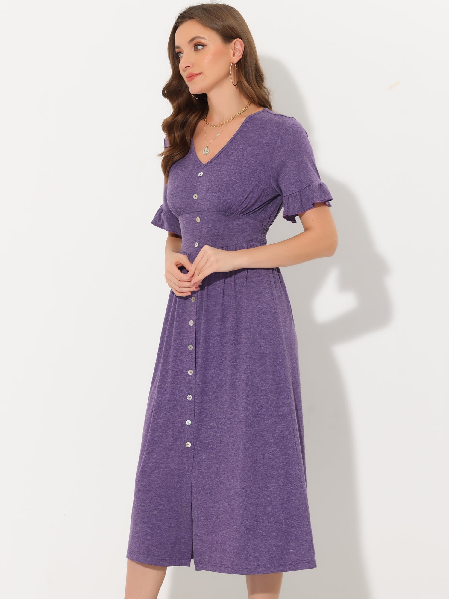 Unique Bargains Women's V Neck Button Flutter Sleeve Smocked High Waist Midi Dress S Purple