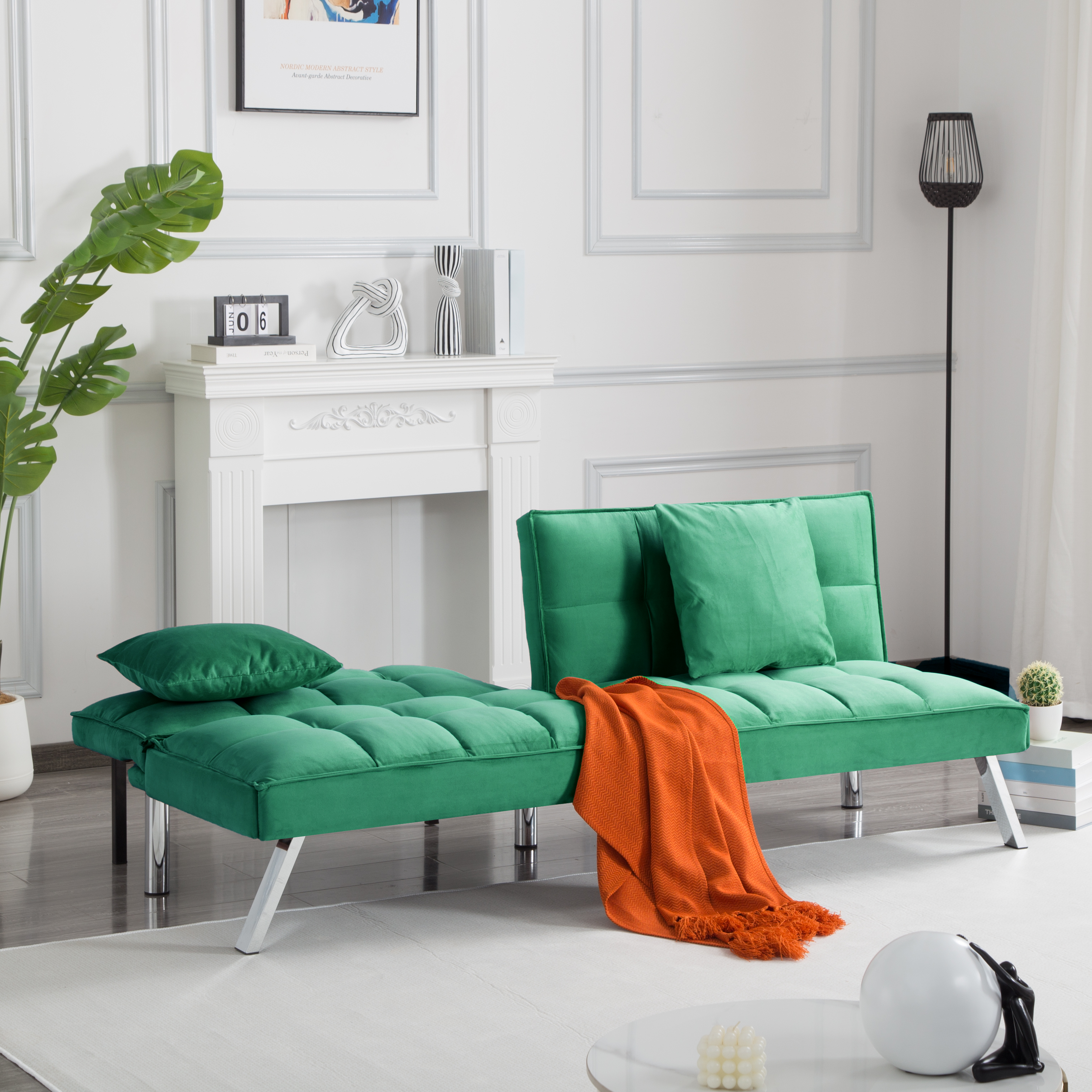 Gewnee Green 67.7” Velvet Futon Sofa Bed, Modern Love Seat with Adjustable Backrest, 2 Throw Pillows, Suitable for Home, Office & Guest Room
