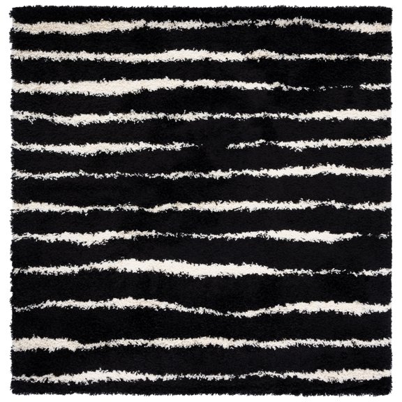 SAFAVIEH Venus Sophie Striped Shag Area Rug, 6'7" x 6'7" Square, Black/Ivory