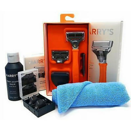 Harry's Razor Handle (Orange) Replacement Cartridges Post Shave Balm and Towel