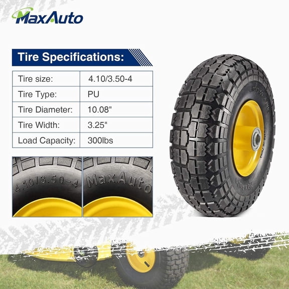 10 Inch Solid Rubber Tires 4.10 3.50-4 Flat Free Tire 4.10/3.50-4 Tire and Wheel, 2.25" Offset Hub, 5/8" Bearings, for Hand Truck, Trolley, Garden Cart, Lawn Mower, Garden Wagon, Wheelbarrow