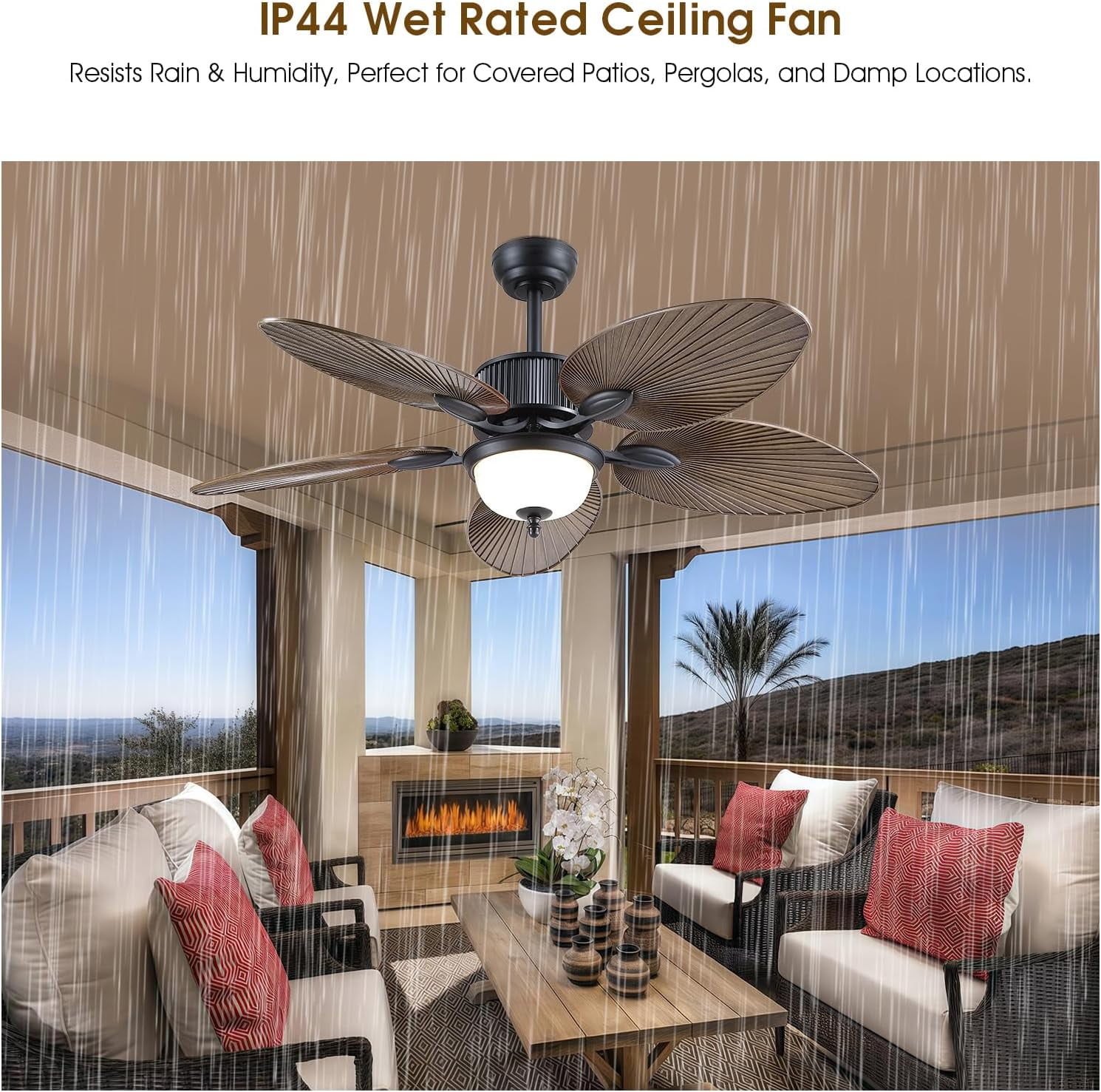 PHORUS 50" Tropical Ceiling Fan with Light and Remote/APP, Outdoor Waterproof Palm Leaf Ceiling Fan, 6 Speeds Quiet DC Motor, Wet Rated for Patio, Porch, Dark Brown